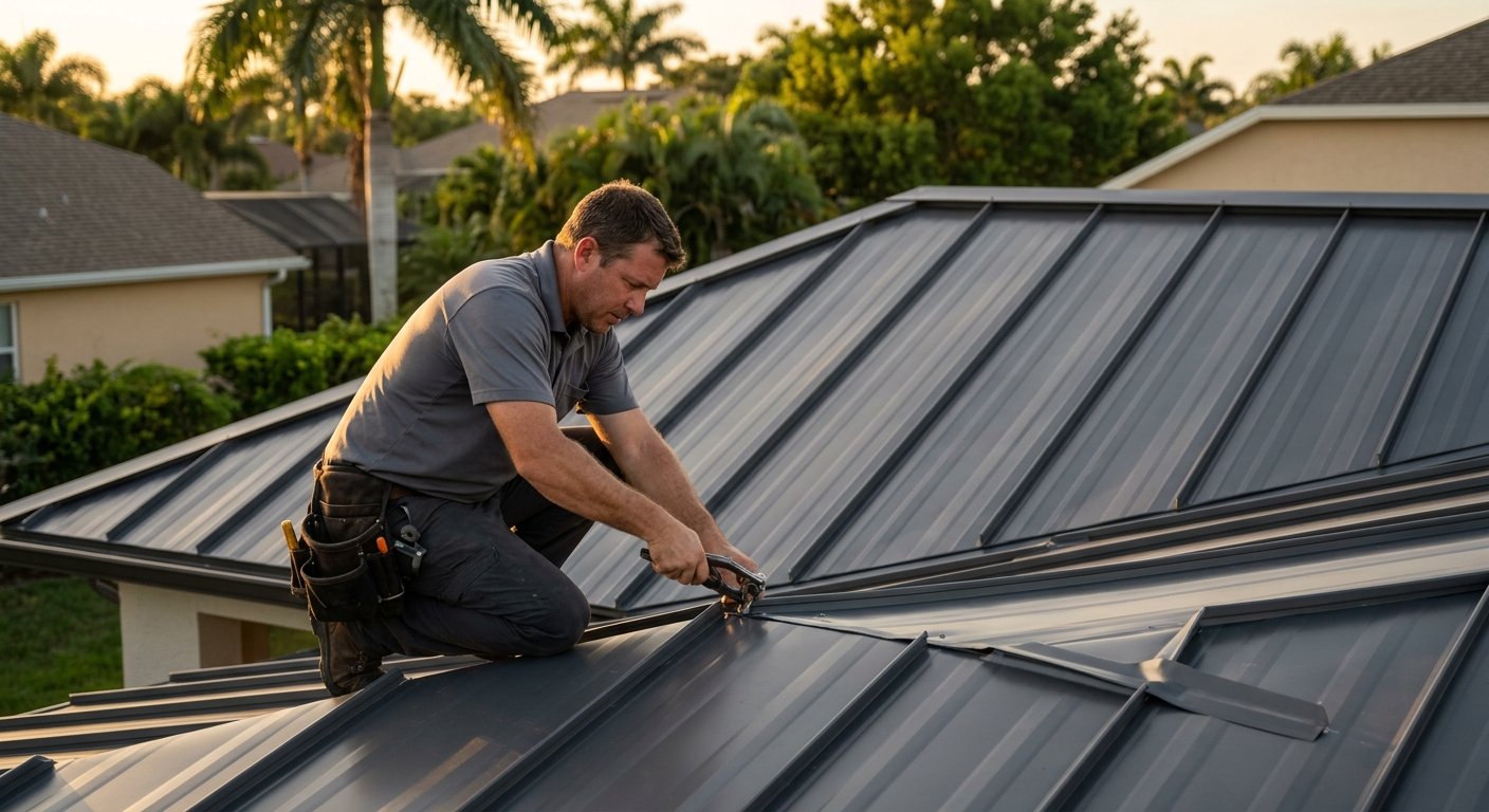 Male roofer crouching on charcoal standing seam metal roof, crimping a seam joint with a hand tool in afternoon sunlight