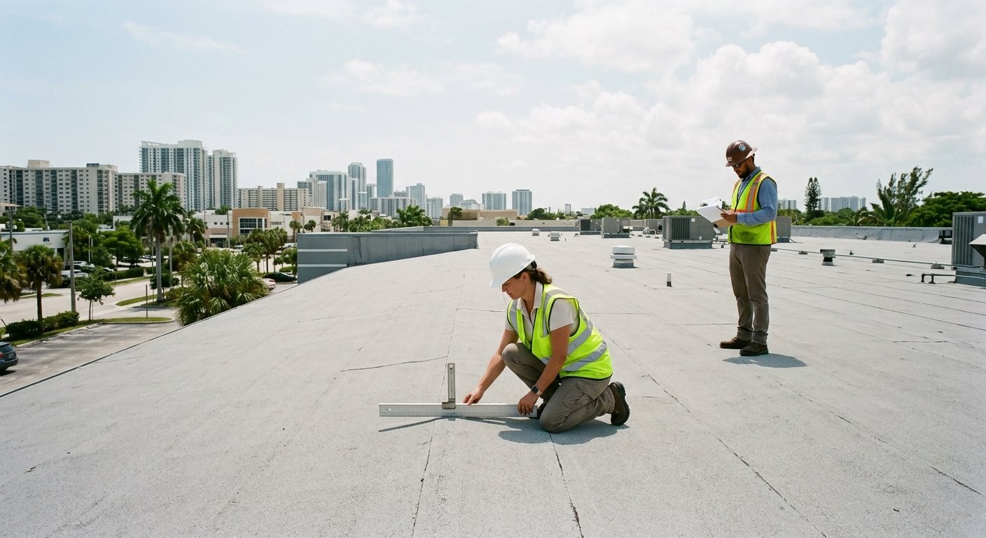 Female inspector measuring roof pitch on a nearly flat commercial rooftop while a contractor reviews documents nearby, South 