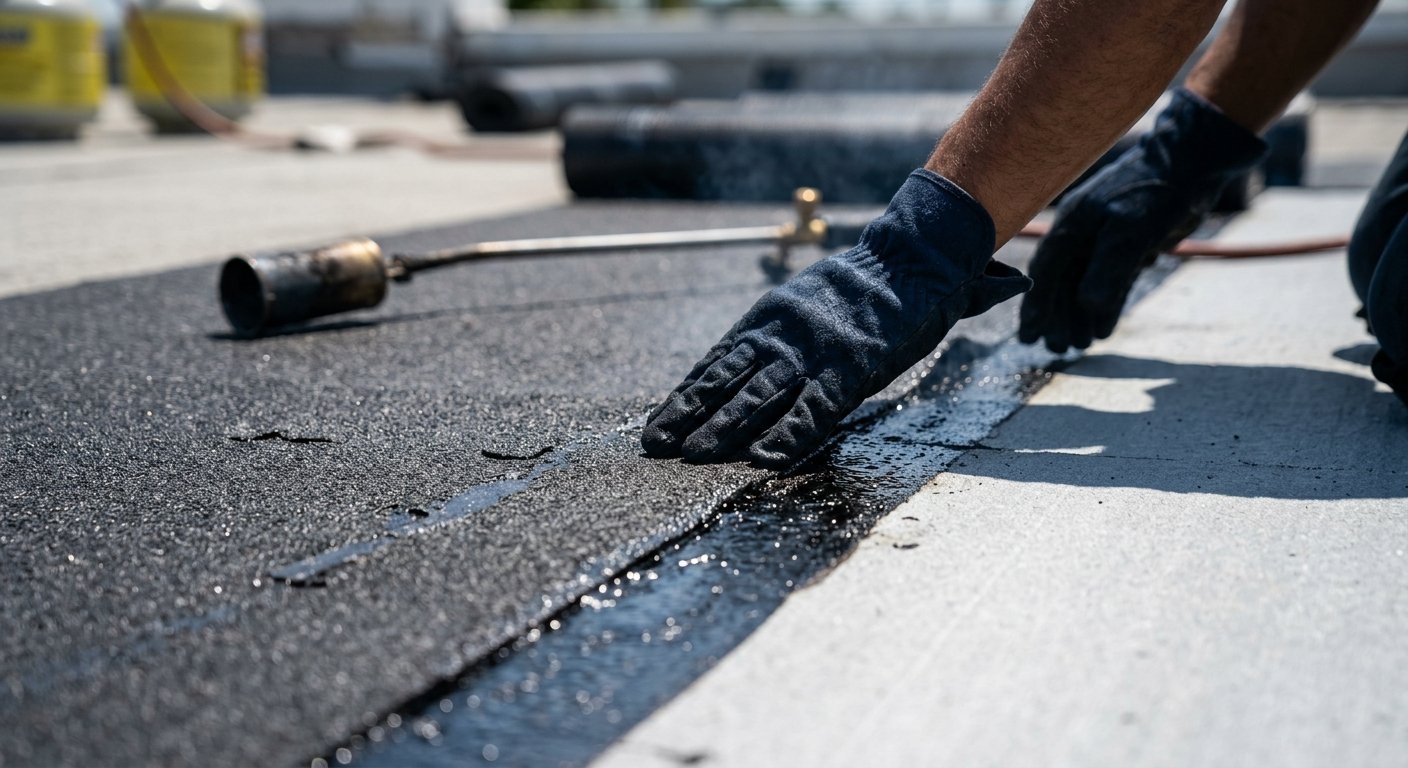Gloved hands pressing a torched modified bitumen seam onto insulation board on a flat roof in bright sunlight