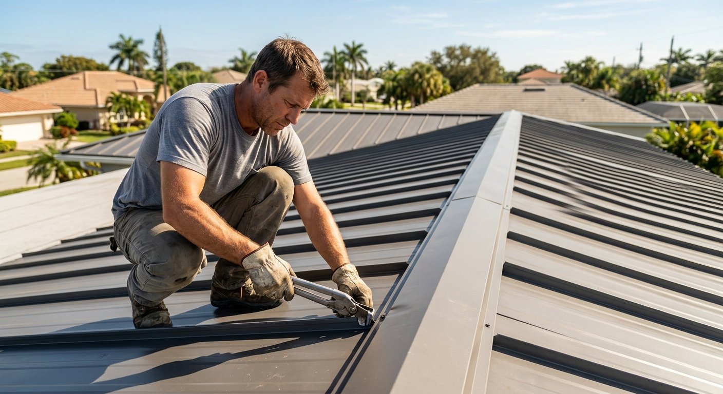 Male roofer crouching on a low-slope standing seam metal roof, crimping a panel seam with a hand seamer tool in afternoon sun