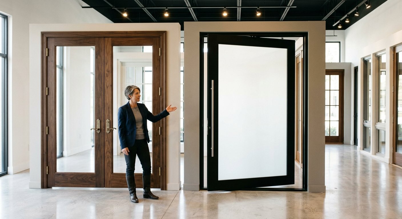 Architect standing between a double French door and a large pivot door in a showroom, showing the size and hardware differenc