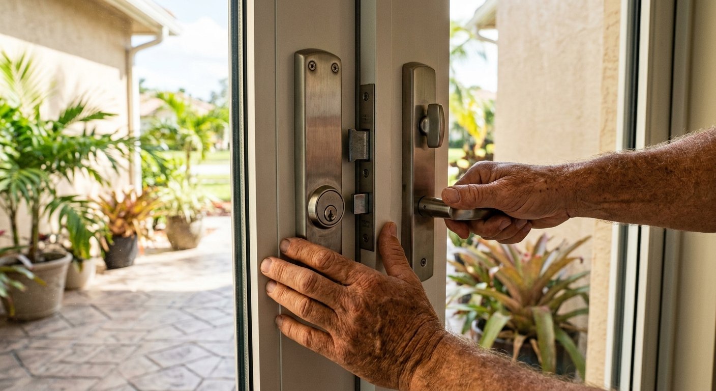 Close-up of hands pressing on the center meeting stile of a French impact door, showing the multi-point locking hardware
