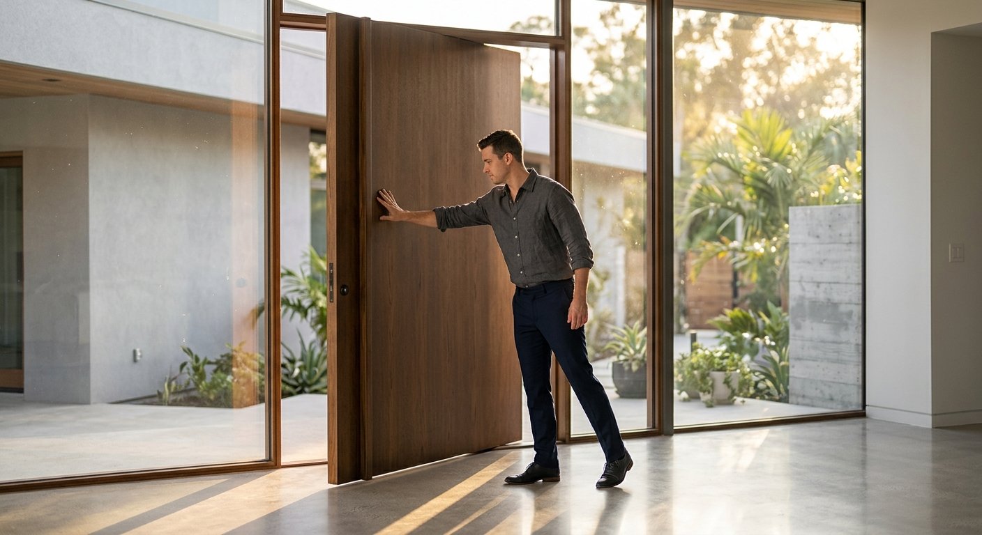 Young man in linen shirt pushing open an enormous single-panel pivot door in a modern concrete entryway, afternoon light stre