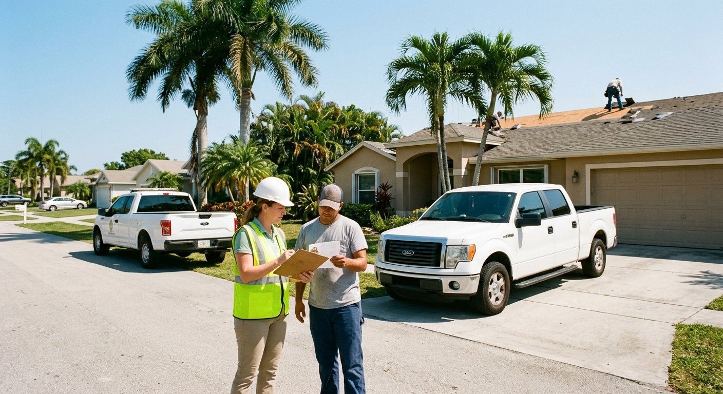 Female building inspector reviews permit paperwork with a contractor in a driveway, partially stripped roof of a Florida home