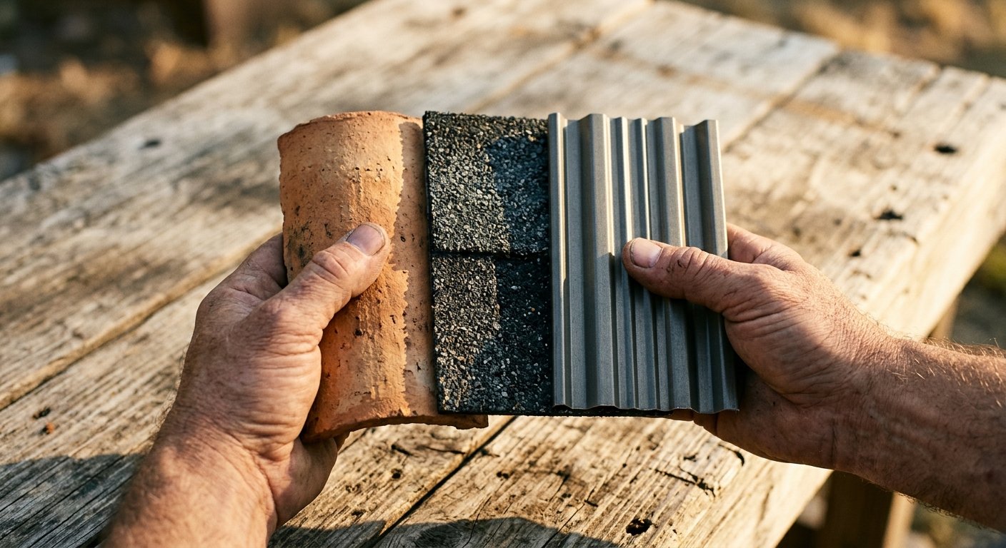 Hands holding a clay roof tile, asphalt shingle, and metal panel side by side on a wooden workbench in warm afternoon light