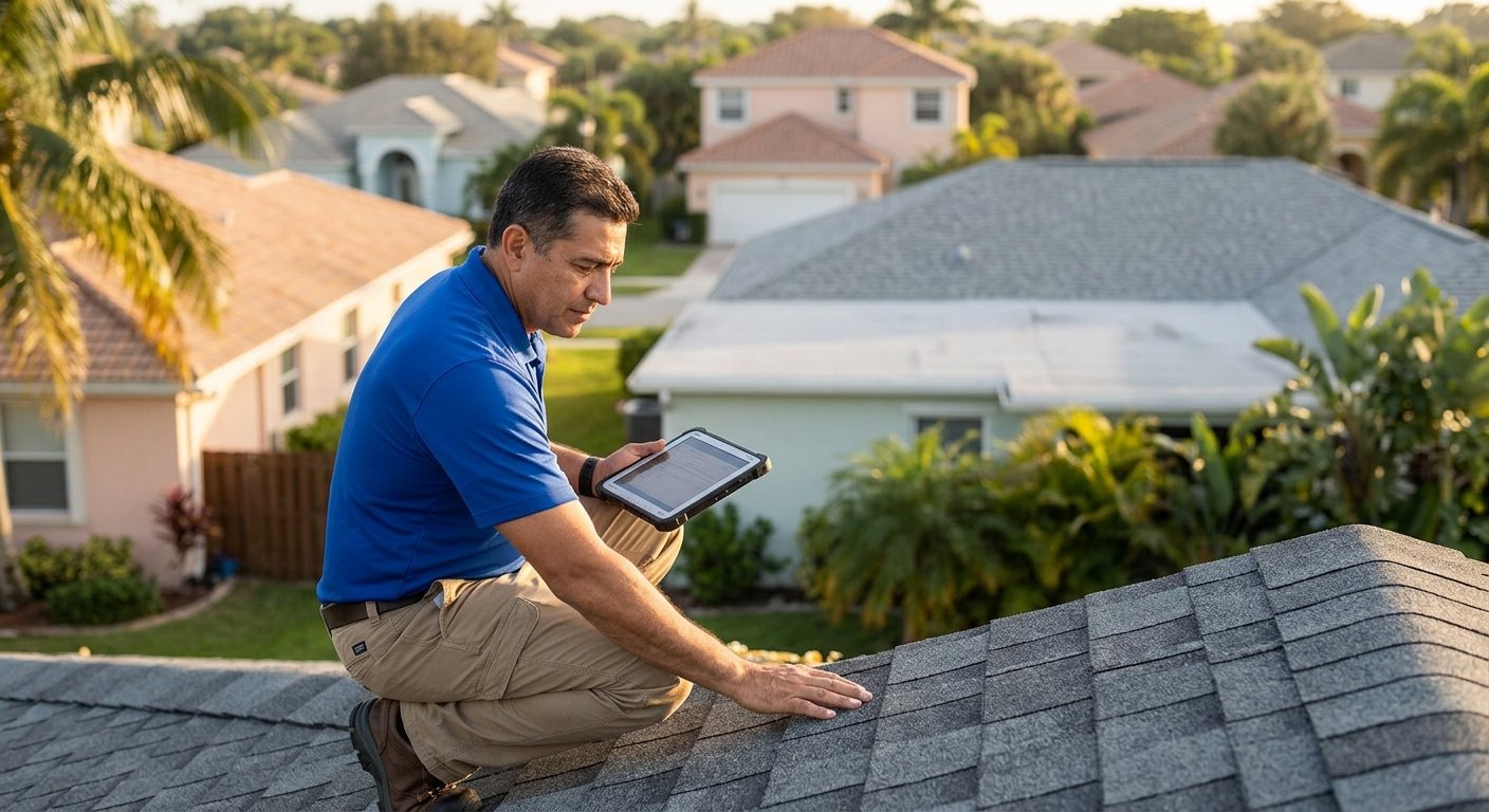 Roofing estimator crouching on a residential roof at sunrise, examining shingles while reviewing notes on a tablet.