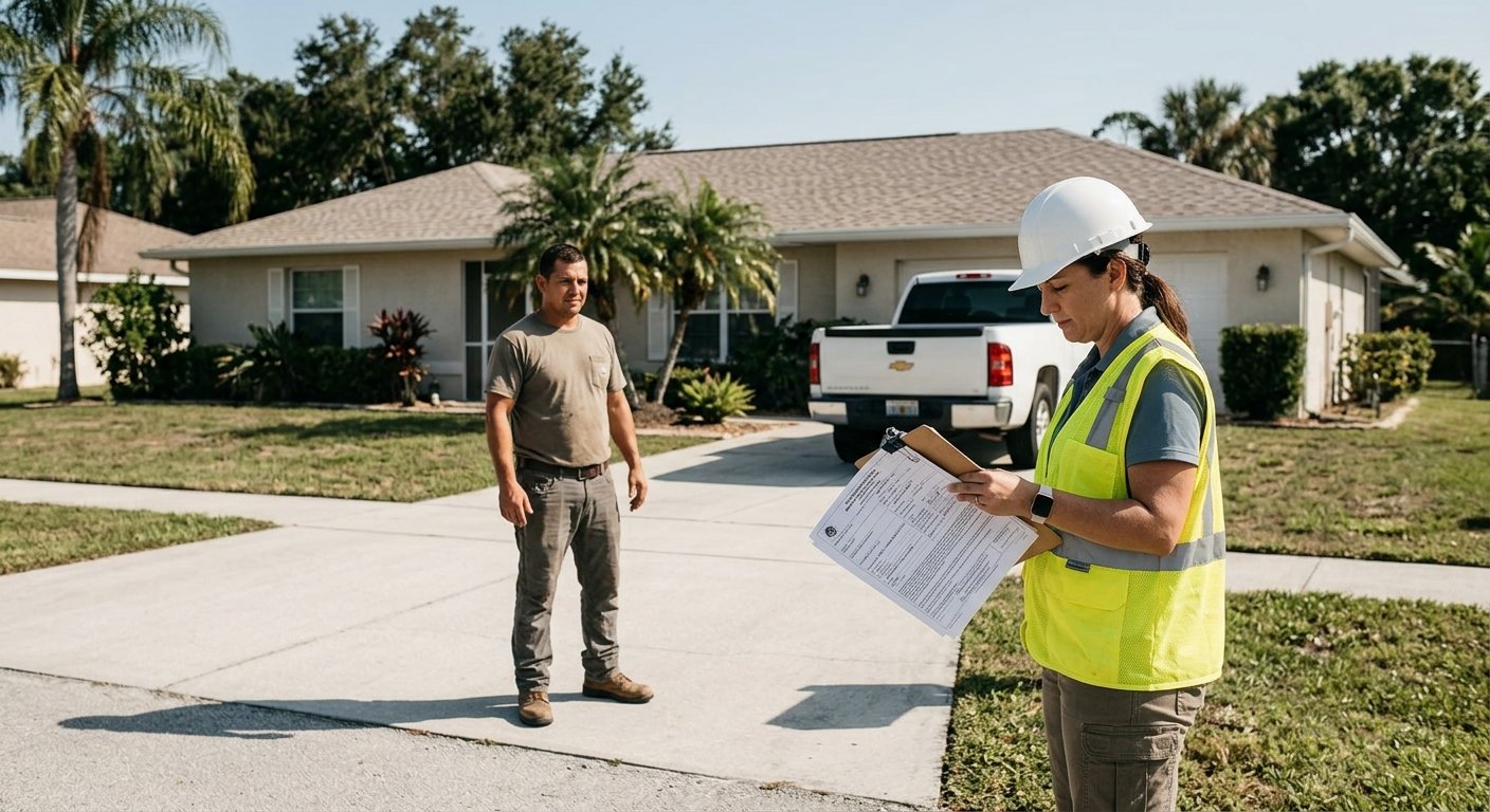Female building inspector reviewing permit paperwork on a clipboard in a driveway, with a roofer standing nearby and a ranch-
