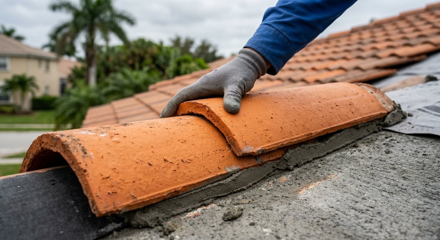 Gloved hand pressing a curved clay roof tile into place on a residential rooftop, showing tile overlap and texture in close d