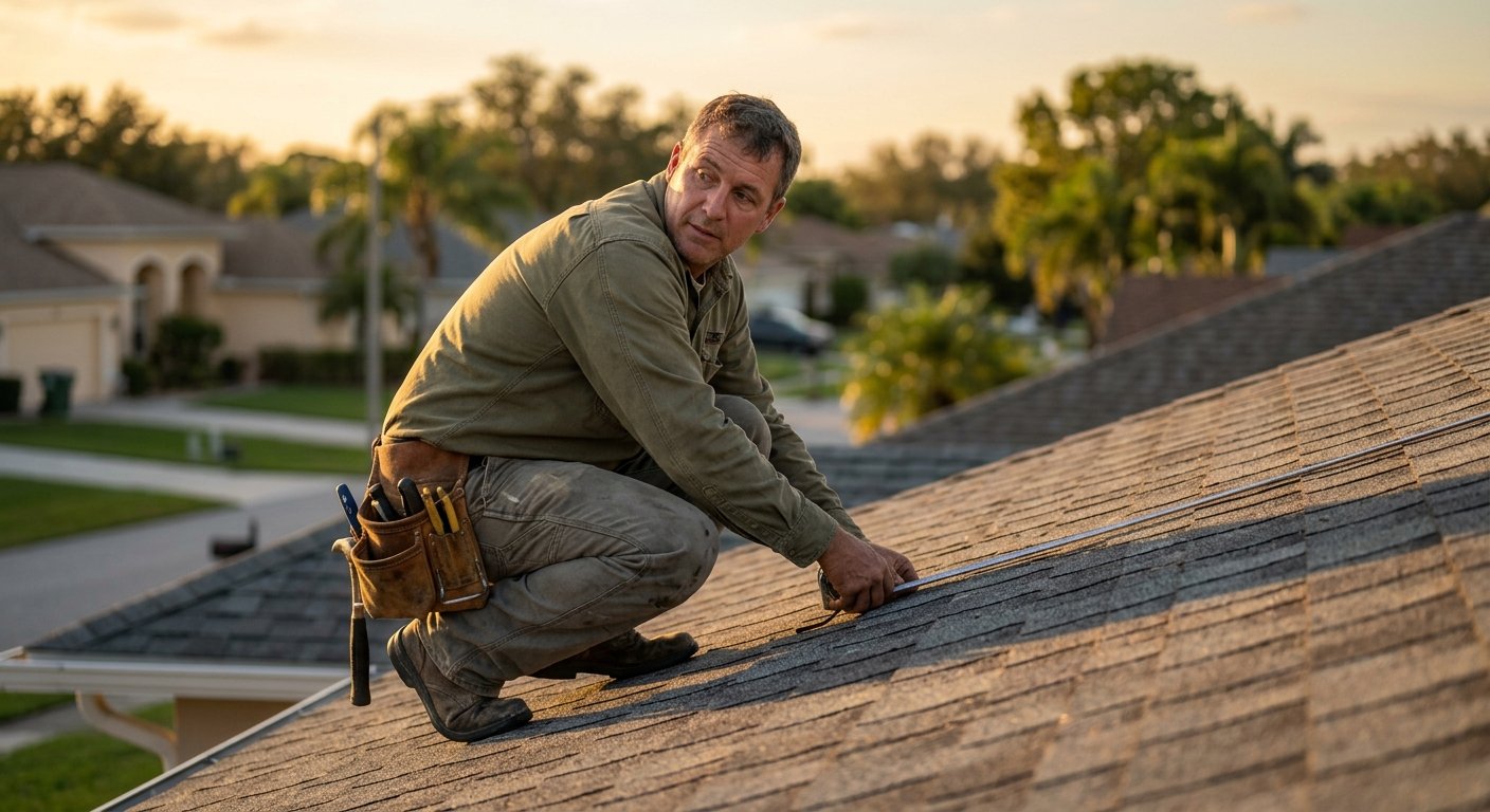 Male roofer crouching on a residential rooftop measuring the deck with a steel tape measure in late-afternoon light