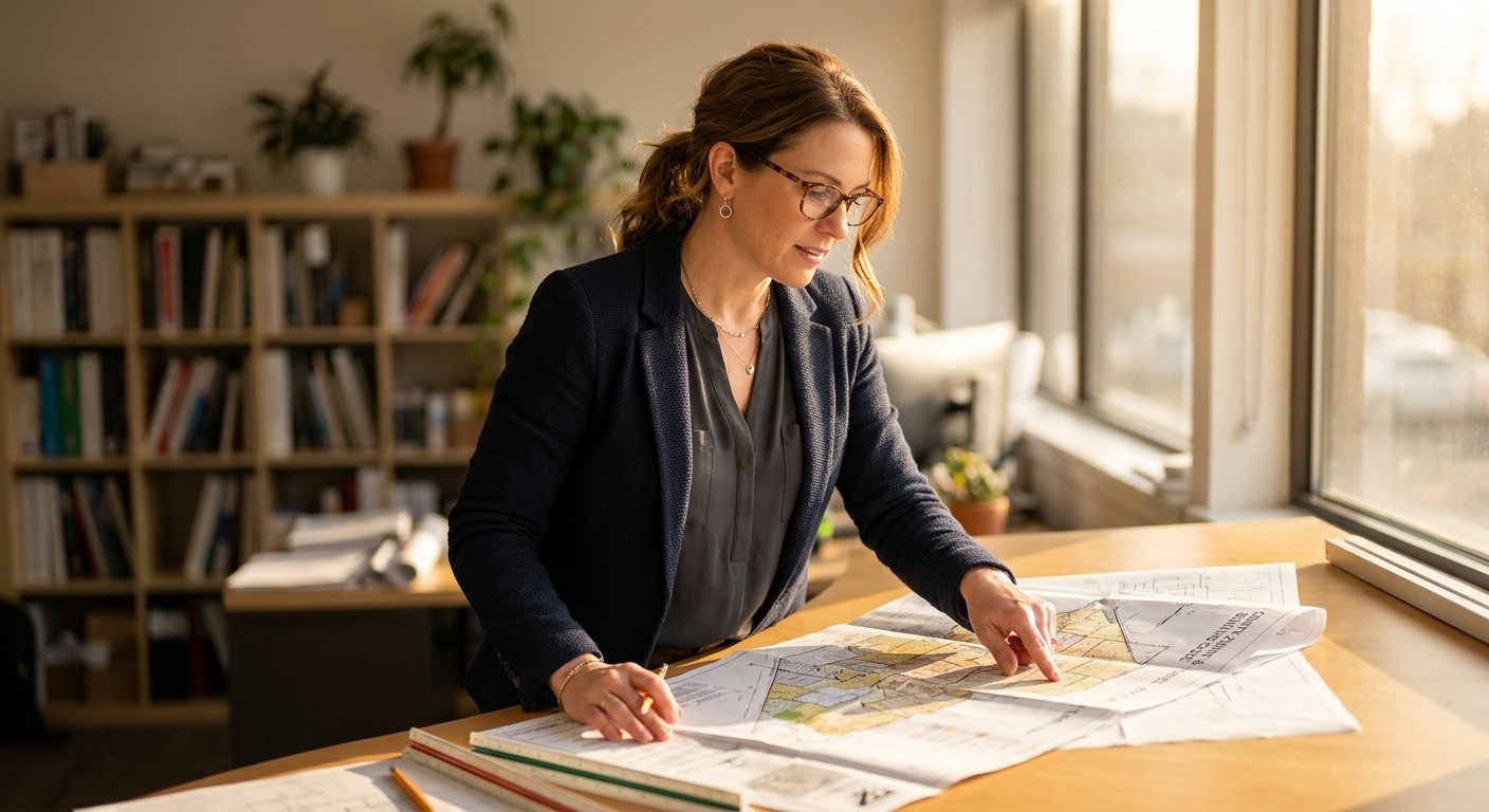 Woman in blazer tracing her finger across a large building code map spread on a sunlit drafting table