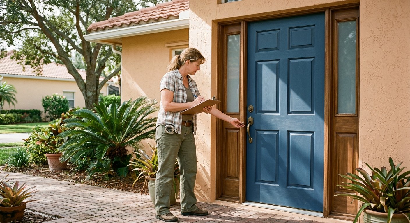 A woman with a clipboard inspects a wood front entry door and its frame on a suburban home's front stoop in morning light.