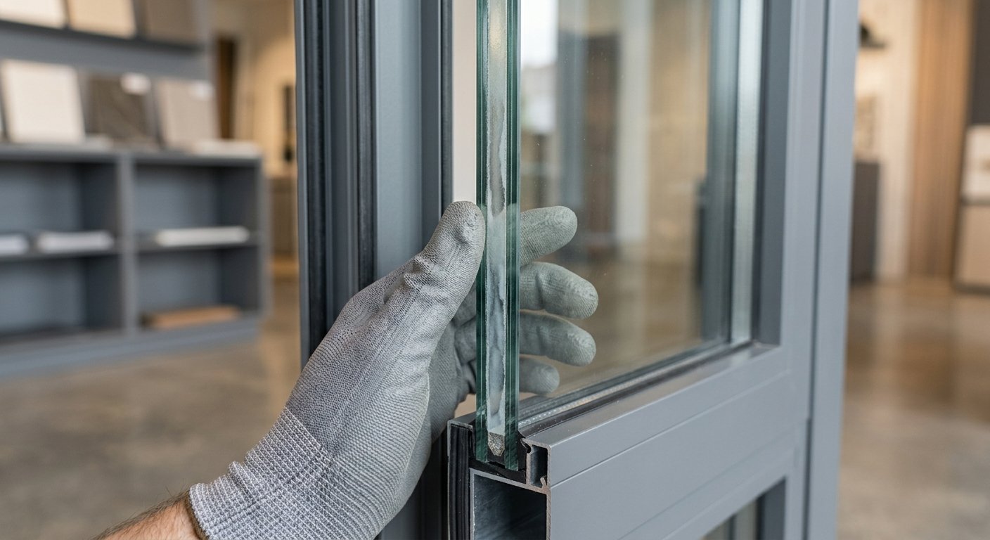 Gloved hand pressing against the layered edge of a laminated impact glass panel seated in a steel-reinforced door frame