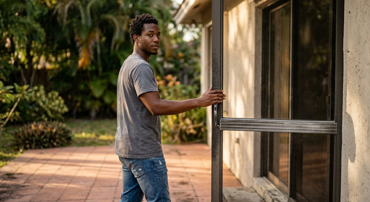 Young man sliding open an aging aluminum single-pane patio door on a sunny backyard patio, worn track visible