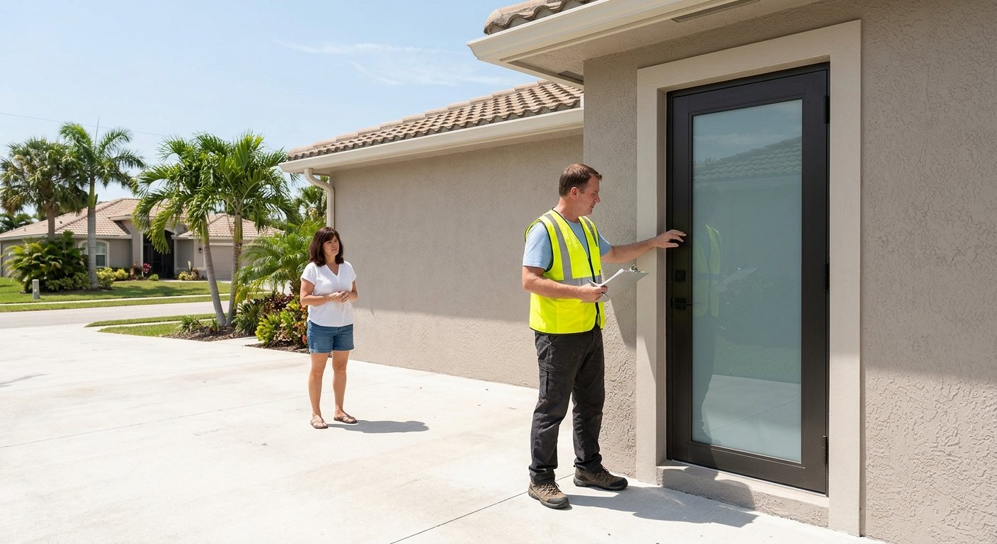 Building inspector in yellow vest examining an impact-rated front door of a Florida home while homeowner watches from the dri