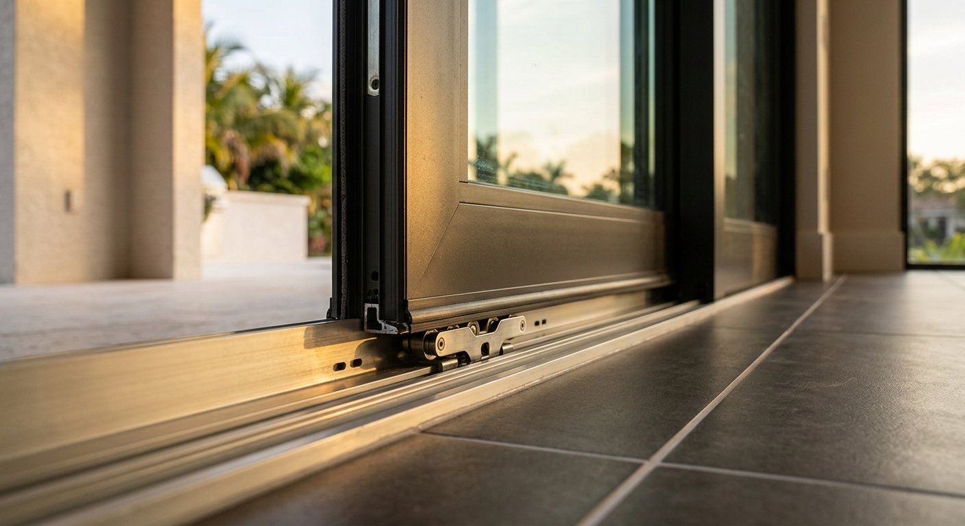 Gloved hands fitting a heavy impact sliding glass door panel onto a stainless steel roller and aluminum track threshold, shot