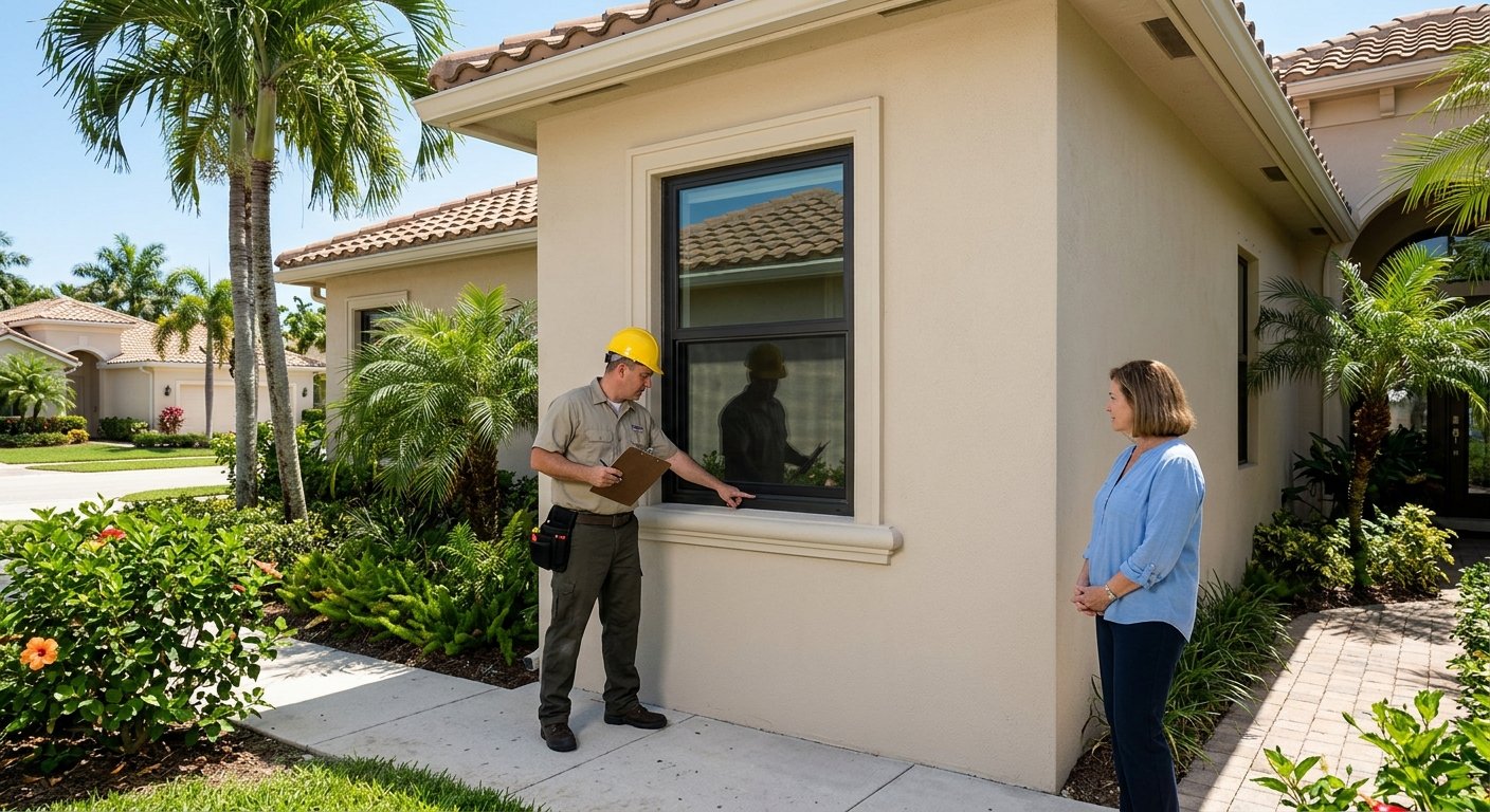 Building inspector with clipboard reviewing a newly installed impact window on a stucco home while a homeowner stands nearby