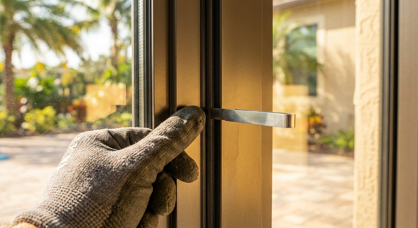 Gloved hand holding a feeler gauge against the interlock seam of an impact sliding glass door frame in bright midday light