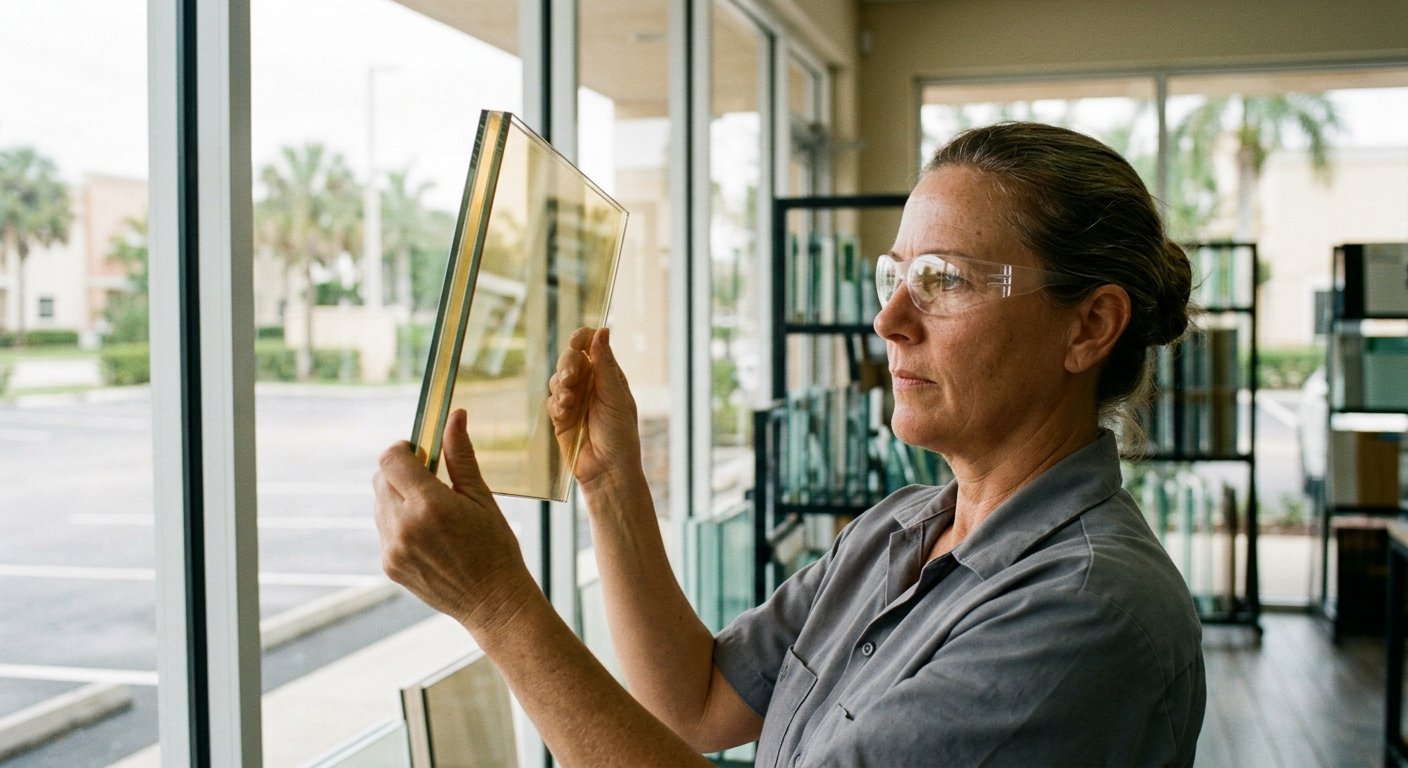 Woman in safety glasses examines a laminated glass cross-section sample in a sunlit showroom, interlayer visible between the 