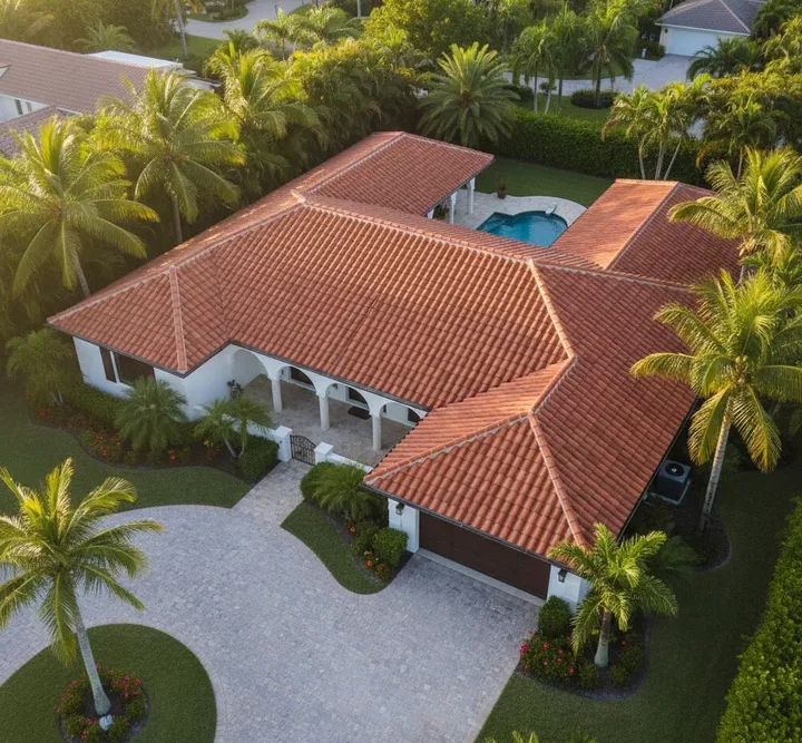 Aerial view of a finished terracotta tile roof on a home with a pool